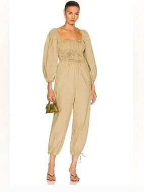 ULLA JOHNSON Amalie Jumpsuit Beige Khaki Cotton Poplin Tan, Size 8